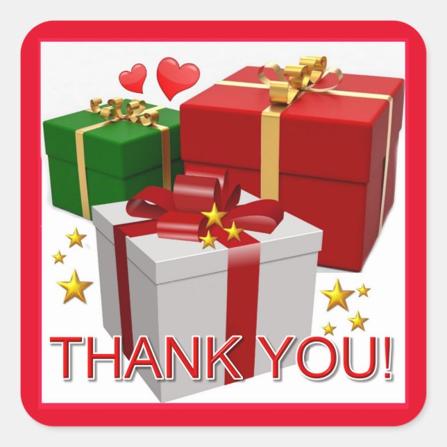 Geschenkboxen und Herzen Vielen Dank Quadratischer Aufkleber (Vorderseite)