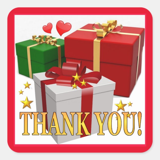 Geschenkboxen und Herzen Vielen Dank Quadratischer Aufkleber (Vorderseite)