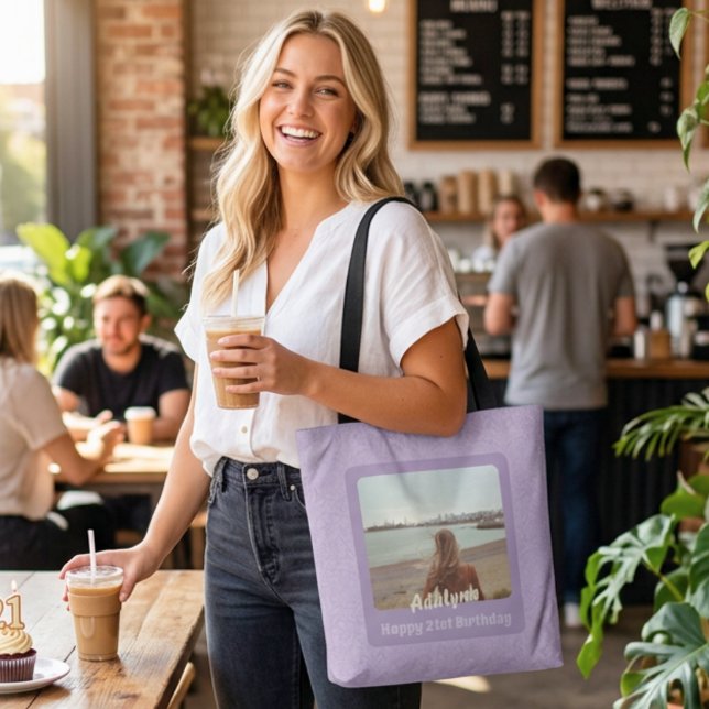 Geschenke für 21 Jahre Foto (Custom Photo Gifts for 21 Year Old Female Violet Tote Bag)