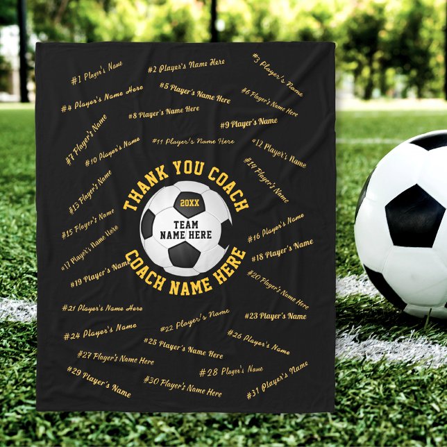 Geschenke für Fußballtrainer, ALLE Spielernamen Fleecedecke (Black and Gold, Soccer Blanket. Great gifts for soccer coaches. Personalized soccer coach gifts. )