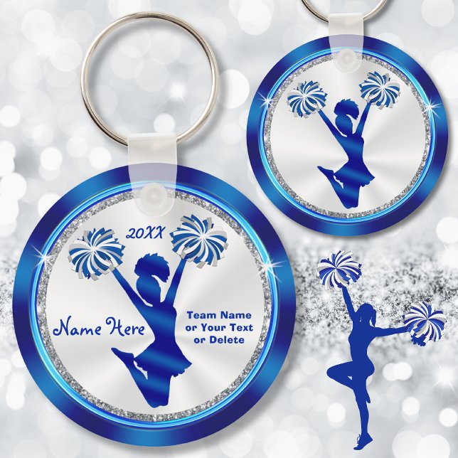 Geschenke für personalisiertes Blau und Weißer Che Schlüsselanhänger (Cheerleading banquet ideas. Cheerleader party Favors. Personalized cheerleading keychains.)