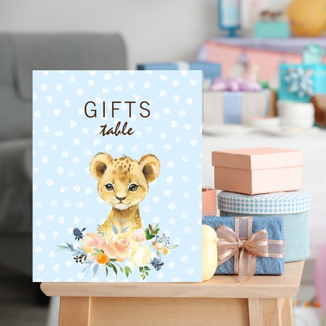 Geschenke Table Baby Dusche Lion Cub Floral Blue Poster (Von Creator hochgeladen)