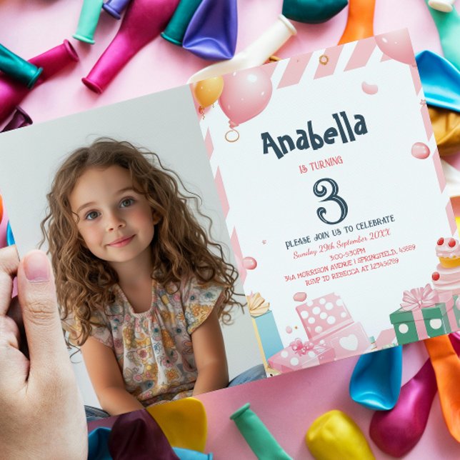 Geschenke und Ballons Pink Girl Birthday Party Einladung (Von Creator hochgeladen)