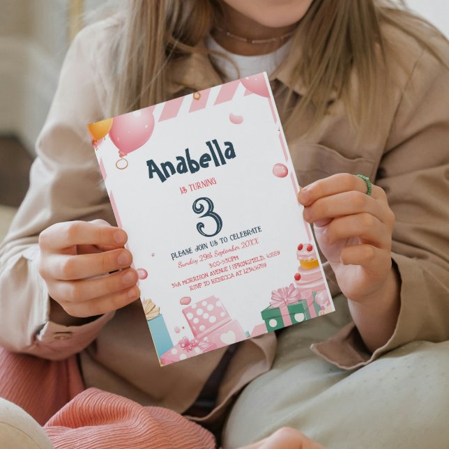 Geschenke und Ballons Pink Girl Birthday Party Einladung (Von Creator hochgeladen)