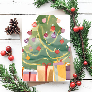 Geschenke unter dem Weihnachtsbaum Aquarell Feiertagspostkarte