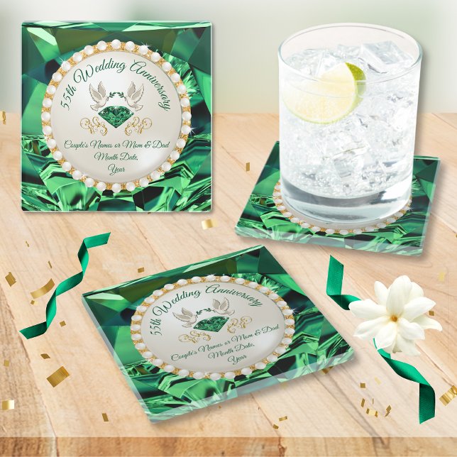 Geschenke zum 55. Hochzeitstag im Smaragd Glasuntersetzer (Inexpensive, 55 year anniversary gifts. 55th wedding anniversary party ideas. Keepsakes for Guests.)