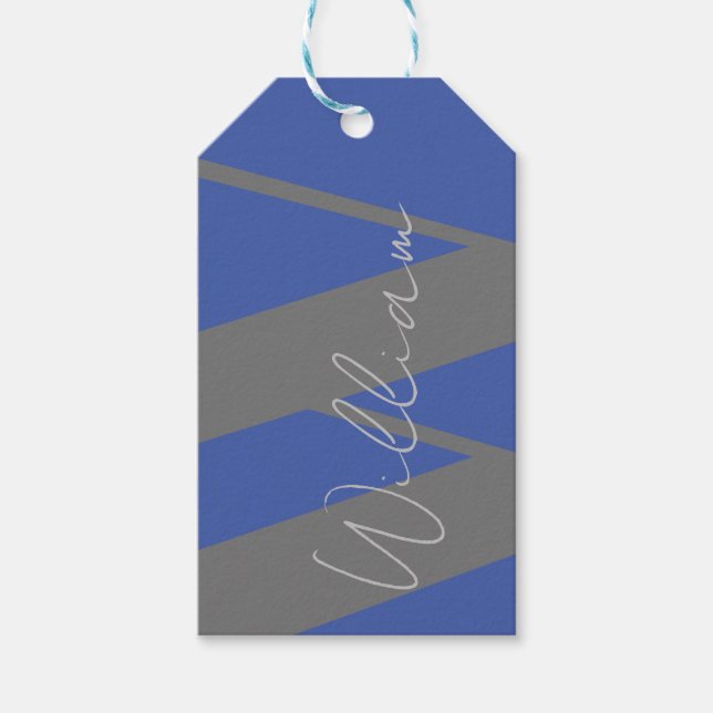Geschenketiketten Monogram Name blau Grau Personal Geschenkanhänger (Vorderseite)
