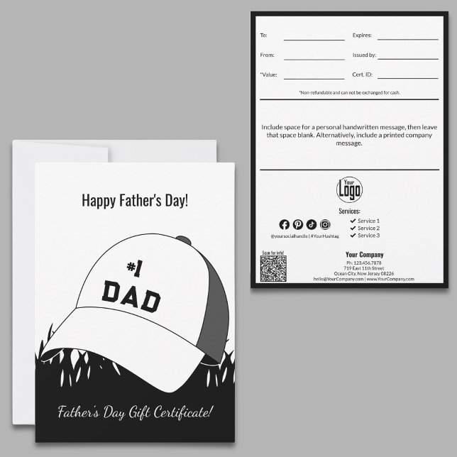 Geschenkgutschein für den kleinen Geschäftsmann Va (Small Business Happy Father's Day Gift Certificate, #1 Dad Cap, QR code, Personal Note)