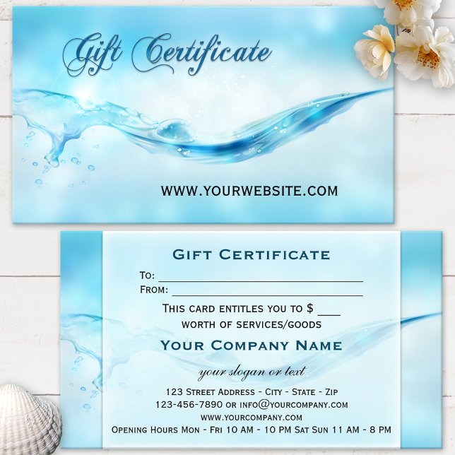 Geschenkgutschein für den Wellness-Center von Wass Rabattkarte (Elegant blue turquoise water splash gift certificate with subtle sparkling bokeh effects)