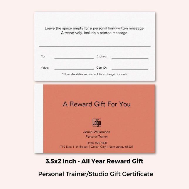 Geschenkgutschein für Personal Fitness Trainer Treuekarte (3.5x2 Inch, Personal Fitness Trainer Reward Gift Certificate, Orange, White, Black)