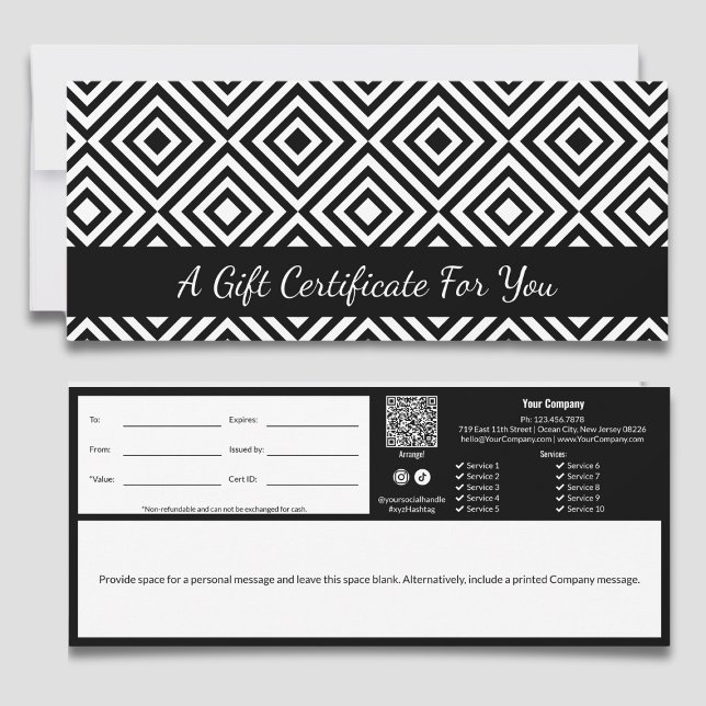 Geschenkgutschein für Schwarz-weißes Muster (Elegant Black White Tile Pattern Gift Certificate, QR-code, Terms, Track-ID, Write Note)