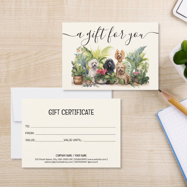 Geschenkgutschein Hund Erwachsener Sitzmöbel (cute watercolor dogs puppies on the BEIGE background, gift certificate for groomers pet sitting)