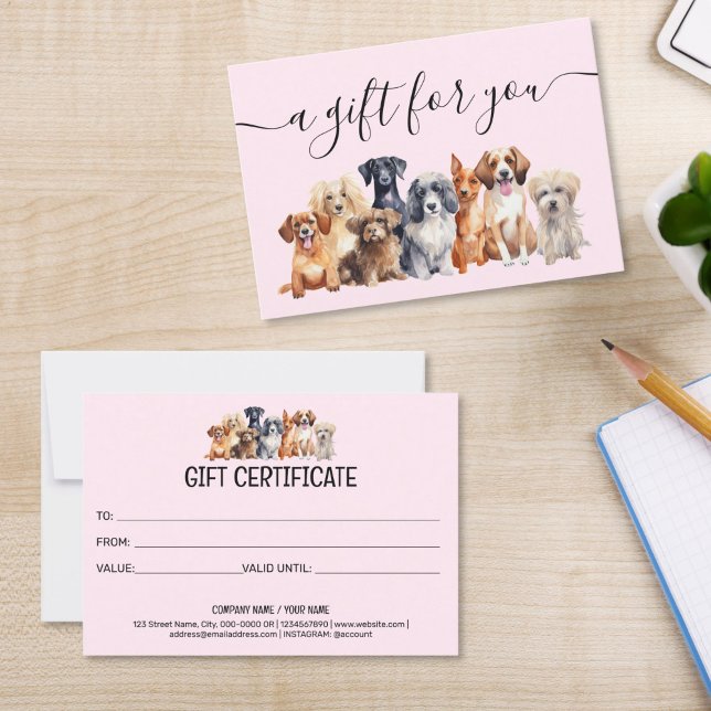 Geschenkgutschein Hund Erwachsener Sitzmöbel (cute watercolor dogs puppies on the blush pink background, gift certificate for groomers pet sitting)