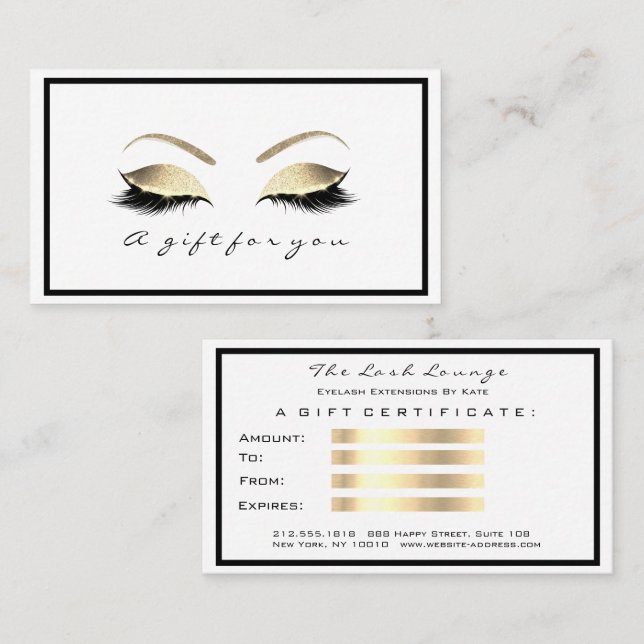 Geschenkgutschein Weißer Glitzer Gold Lashes Makeu Rabattkarte (Vorne/Hinten)