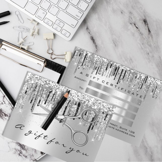 Geschenkgutscheine Haarstylle Silbergraue Schere Visitenkarte (Gift Certificate Hair Stylist Silver Gray Scissors)