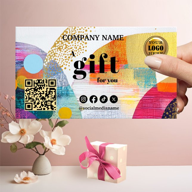 Geschenkkarte für moderne Abstrakte Kunst Rabattkarte (A festive gift certificate featuring a colorful retro abstract design - logo- QR code - social media)