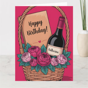 Geschenkkorb mit Wein, Rosen und individuellem Nam Karte