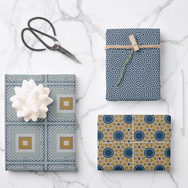 Geschenkpackung Set von drei blaugelben Salbei Geschenkpapier Set (Vorderseite)