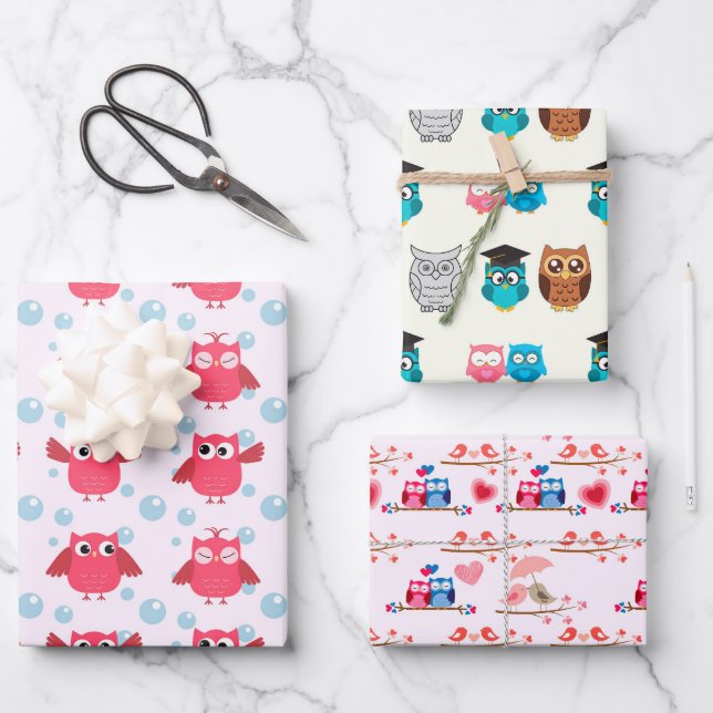 Geschenkpapier aus rosa und gelber Eule (Vorderseite)