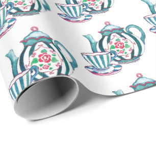 Geschenkpapier - Blau gestreifter Teekanne, Tasse 