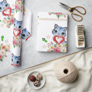 Geschenkpapier Blaue Katze Rotes Herz Floral