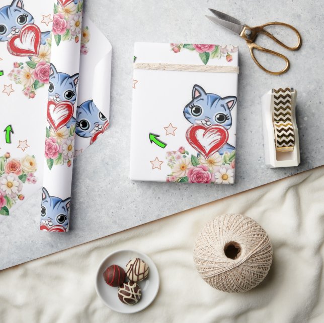 Geschenkpapier Blaue Katze Rotes Herz Floral  (Kunsthandwerk)