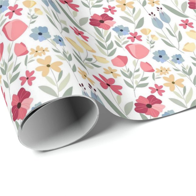 Geschenkpapier - Blumendesign Rot Blau Gelb (Rolleneckpunkt)