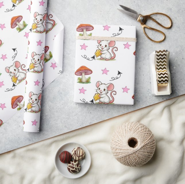 Geschenkpapier Maus Käse Rosa Herzen Pilz  (Kunsthandwerk)