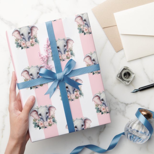 Geschenkpapier Rosa & Weiß gestreift Elefant  (Schenken)