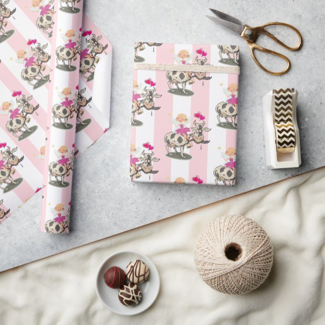 Geschenkpapier Rosa & Weiß gestreift Fairy Cow (Kunsthandwerk)