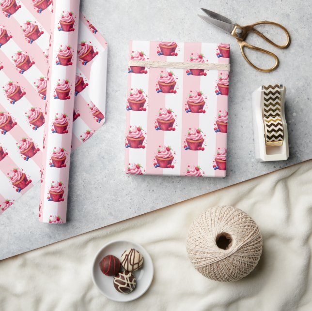 Geschenkpapier Rosa & Weiß gestreift Rosa Cupcakes (Kunsthandwerk)
