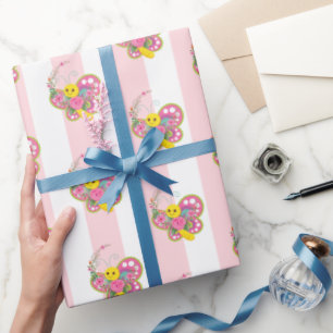 Geschenkpapier Rosa & Weiß Streifen Schmetterling