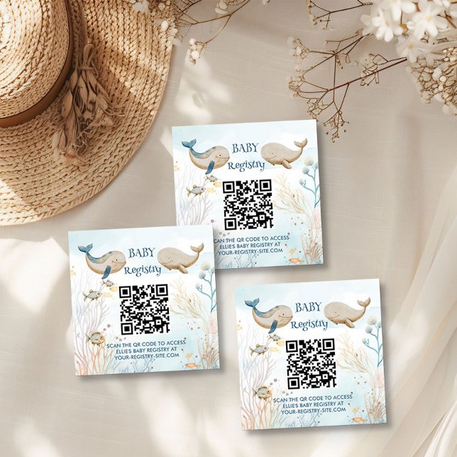 Geschenkregister QR Code Blue Beige Whale Baby Sho Begleitkarte (Baby Registry qr code enclosure cards  from the Whale Baby Shower Collection by Darling & May)