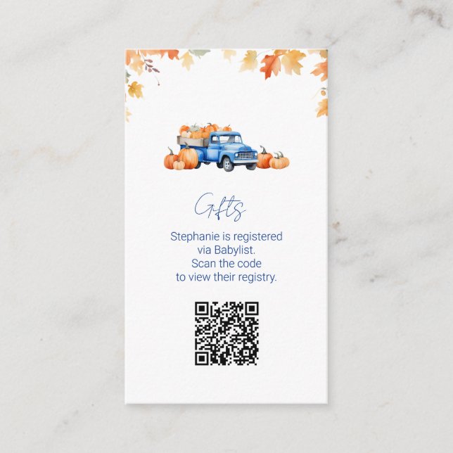 Geschenkregister QR Code Blue Truck Little Pumpkin Begleitkarte (Vorderseite)