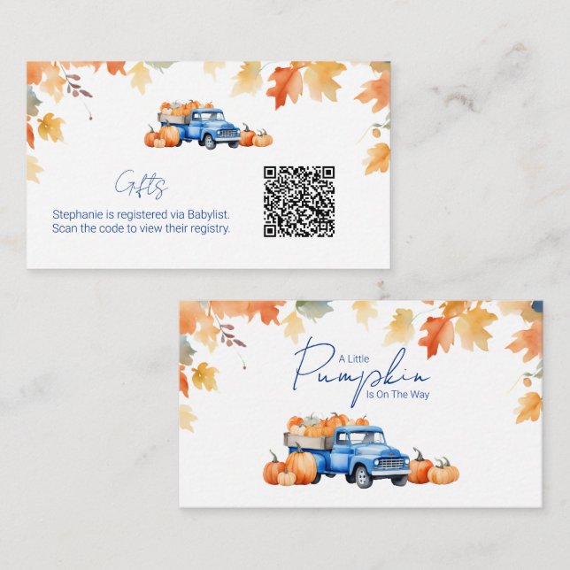 Geschenkregister QR Code Blue Truck Little Pumpkin Begleitkarte (Vorne/Hinten)