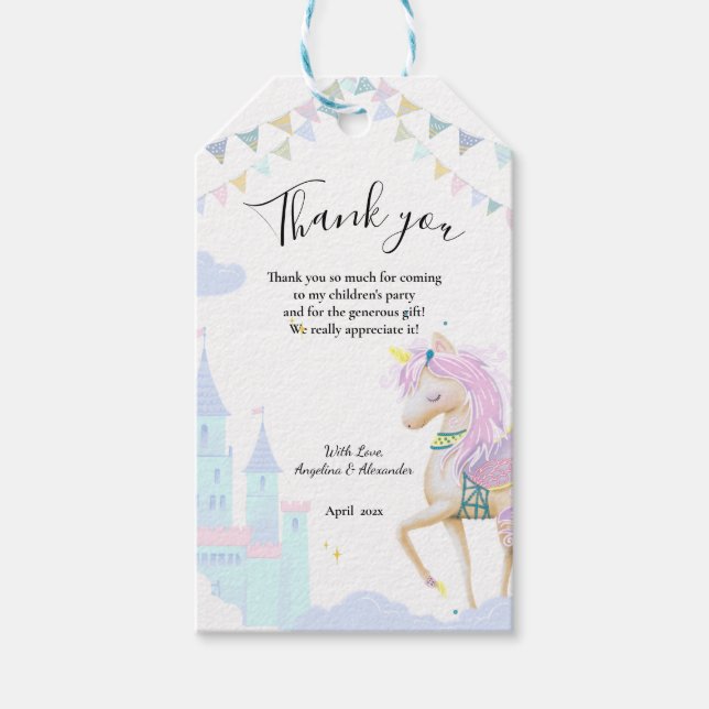 Geschenktafel für eine Babydusche mit Einhorn. Geschenkanhänger (Vorderseite)