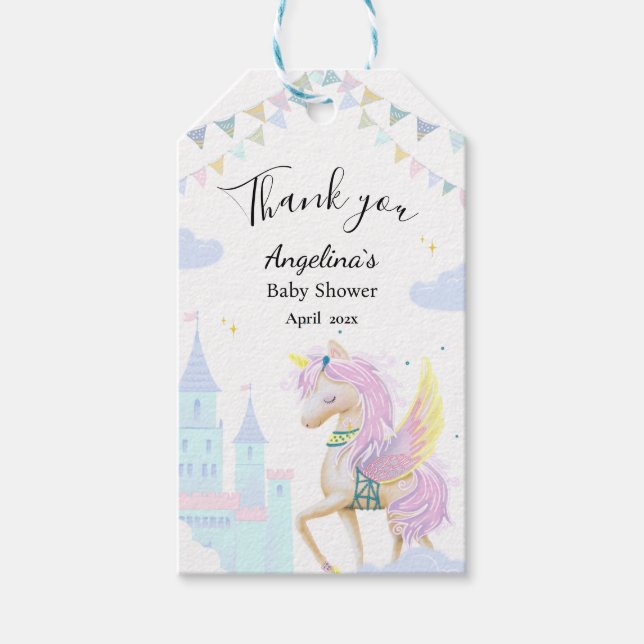 Geschenktafel für eine Babydusche mit Einhorn. Geschenkanhänger (Vorderseite)