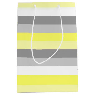 Geschenktasche aus gelben, weißen und grauen Strei Mittlere Geschenktüte