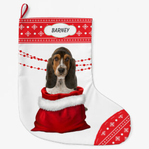 Geschenktasche Basset Hound Welpe Snowflake Border Großer Weihnachtsstrumpf