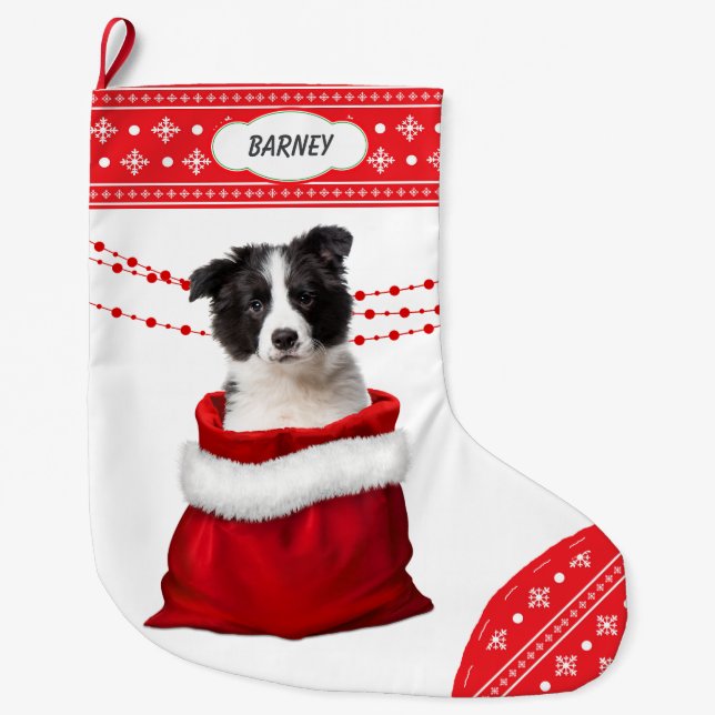 Geschenktasche Border Collie Welpe Snowflake Borde Großer Weihnachtsstrumpf (Vorderseite)