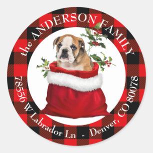 Geschenktasche Bulldog Puppy Karierte Rahmen Rücks Runder Aufkleber