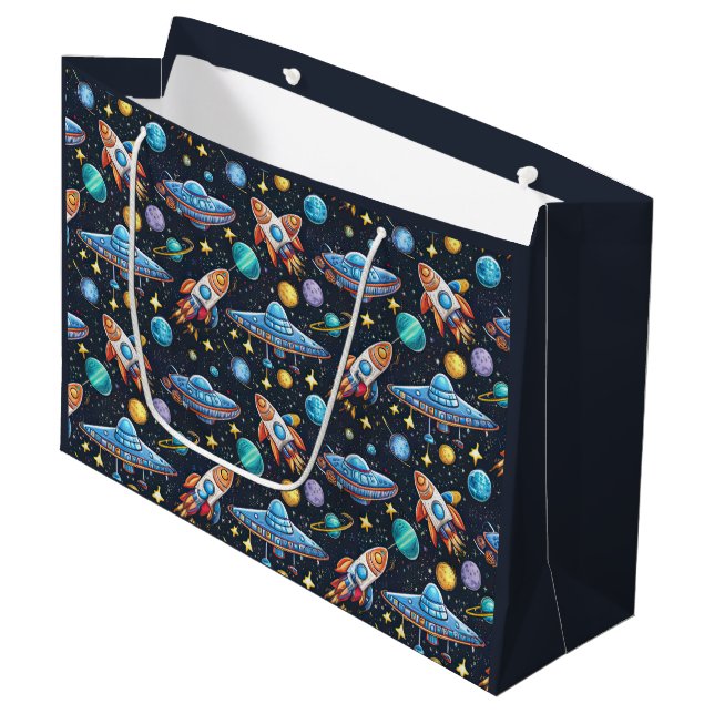 Geschenktasche für Weltraummuster Große Geschenktüte (Vorderseite Schrägansicht)