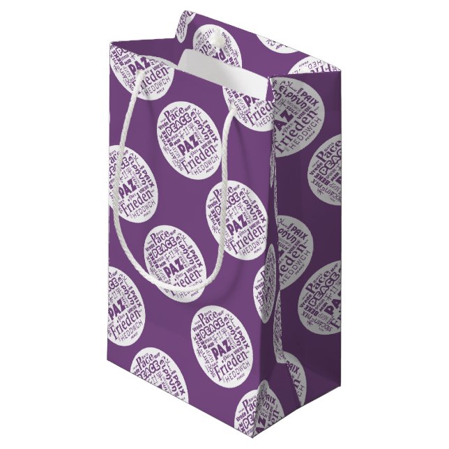 Geschenktasche lila mit mehrsprachiger Ruhe Kleine Geschenktüte (Vorderseite Schrägansicht)