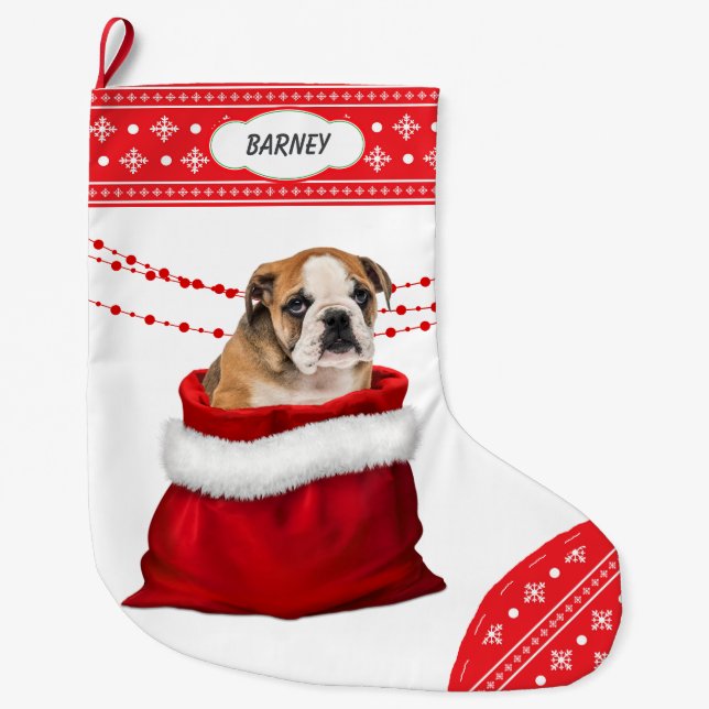 Geschenktasche Niedlicher Bulldog Welpe Snowflake  Großer Weihnachtsstrumpf (Vorderseite)