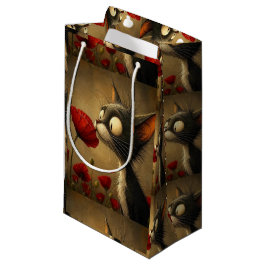 Geschenktasche Schwarz-Weiß-Katze Rote Blume Flora Kleine Geschenktüte