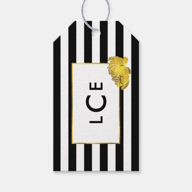 Geschenktasten für Black Stripe & Gold Peony Monog Geschenkanhänger (Vorderseite)