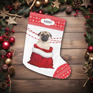 Geschenktüte süßer Mops-Hund Schneeflockenrand Großer Weihnachtsstrumpf