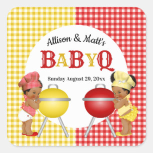 Geschlecht Enthüllung Rot Gelb Gingham Baby Q BBQ Quadratischer Aufkleber