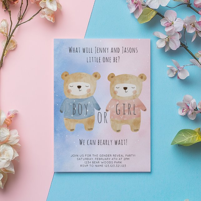 Geschlecht offenbart Bears Sternenfarbe Rosa blaue Einladung (Cute sleepy bears one in pink, on in blue gender reveal invitation card. The card says "Boy or Girl")