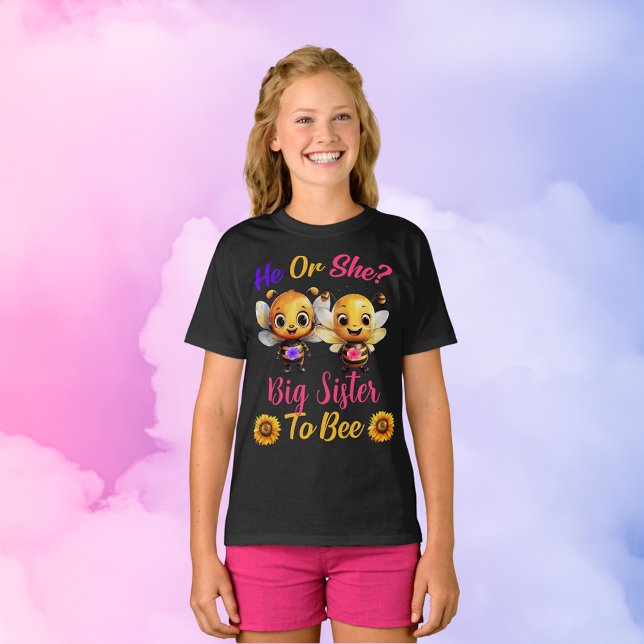 Geschlecht offenbart, dass sie eine große Schweste T-Shirt (Gender Reveal He She Big Sister to Bee Girls Black T-Shirt)
